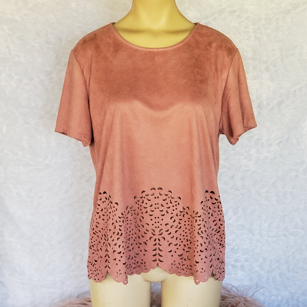 Dusty Rose Faux Suede Laser Cut Blouse